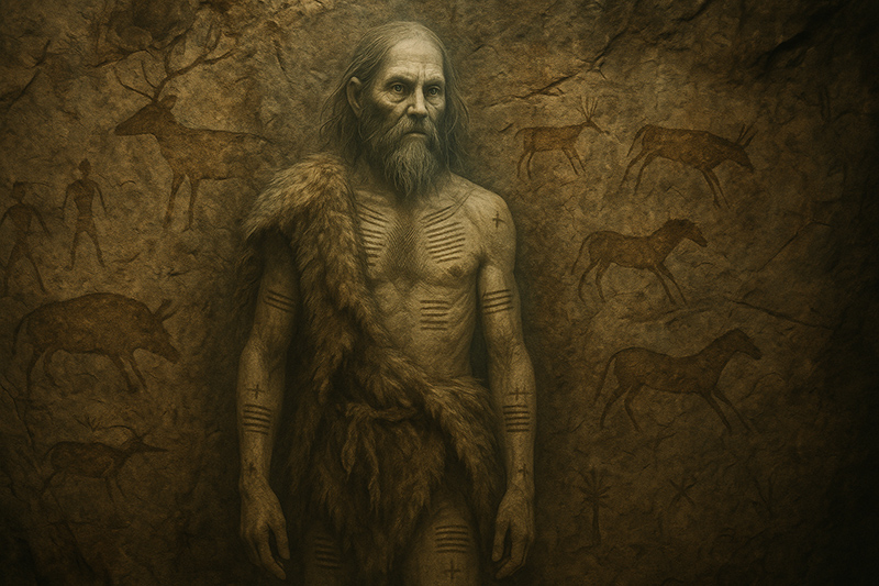 Représentation stylisée d'Ötzi dans une grotte avec des peintures rupestres. Illustration ancienne sur l’histoire du tatouage.