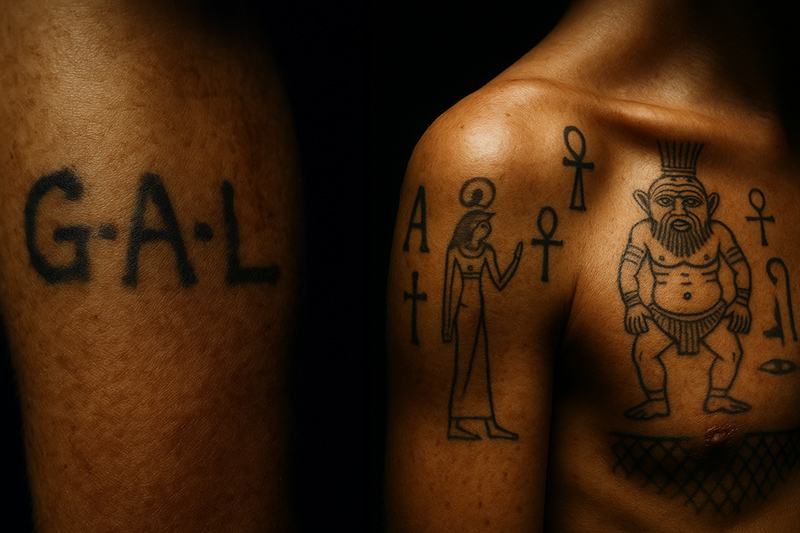 Diptyque montrant des tatouages bruts d'une part et des motifs égyptiens raffinés d'autre part.