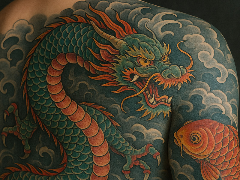 Tatouage représentant un dragon et une carpe Koï sur un dos