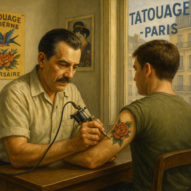 « Dans son studio parisien des années 1960, Bruno Cuzzicoli inscrit le tatouage dans la modernité. Inspiré par les styles américains et japonais, il pose les bases du métier de tatoueur professionnel en France. »