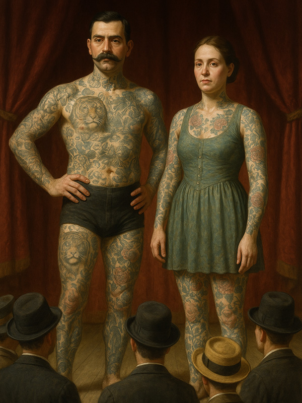Un homme et une femme exhibent leurs tatouages devant un public